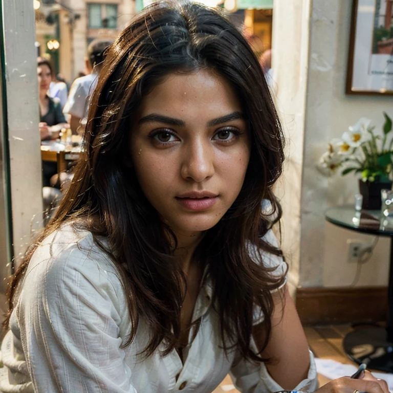 (Best quality, Ultra-detailed, Masterpiece:1.5), Photorealistic photograph of a beautiful pakistani woman at a cafe in Paris. flawless, highly detailed face (Highly Detailed Skin) with soft, luminous skin. Her long hair should be naturally brown and stylishly arranged. (Perfect Eyes:1.2). high-quality film grain photography (ISO 400, 30mm lens RAW f1.8 aperture. high budget, ultra resolution, stylish outfit