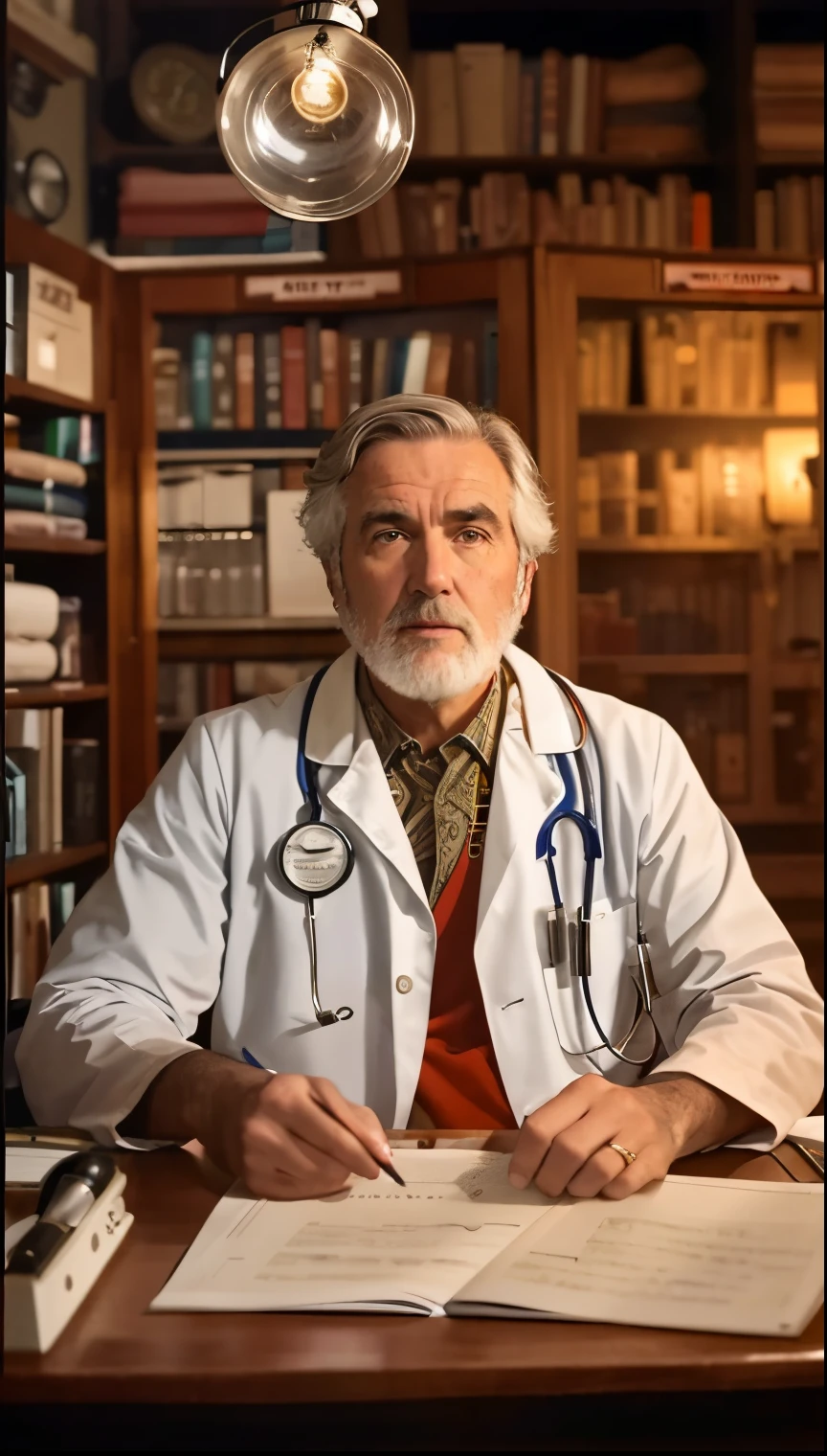 homem arafiado com jaleco sentado em uma mesa com um celular , medic, (medic), medic, Male physician, with a stethoscope, Medicine, Directed by: Federico Zuccari, Ernst Haeckel e artgerm, still image from tv series, the doctor, Alexandre Abdulov, ( ( Emma Lindstrom ) )