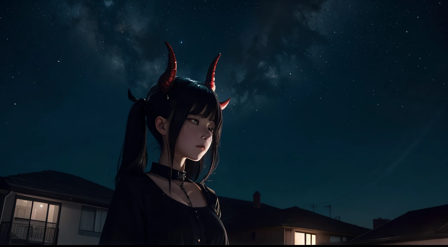 In the night sky above a residential area, a black-haired female demon with horns and missing her neck was floating.