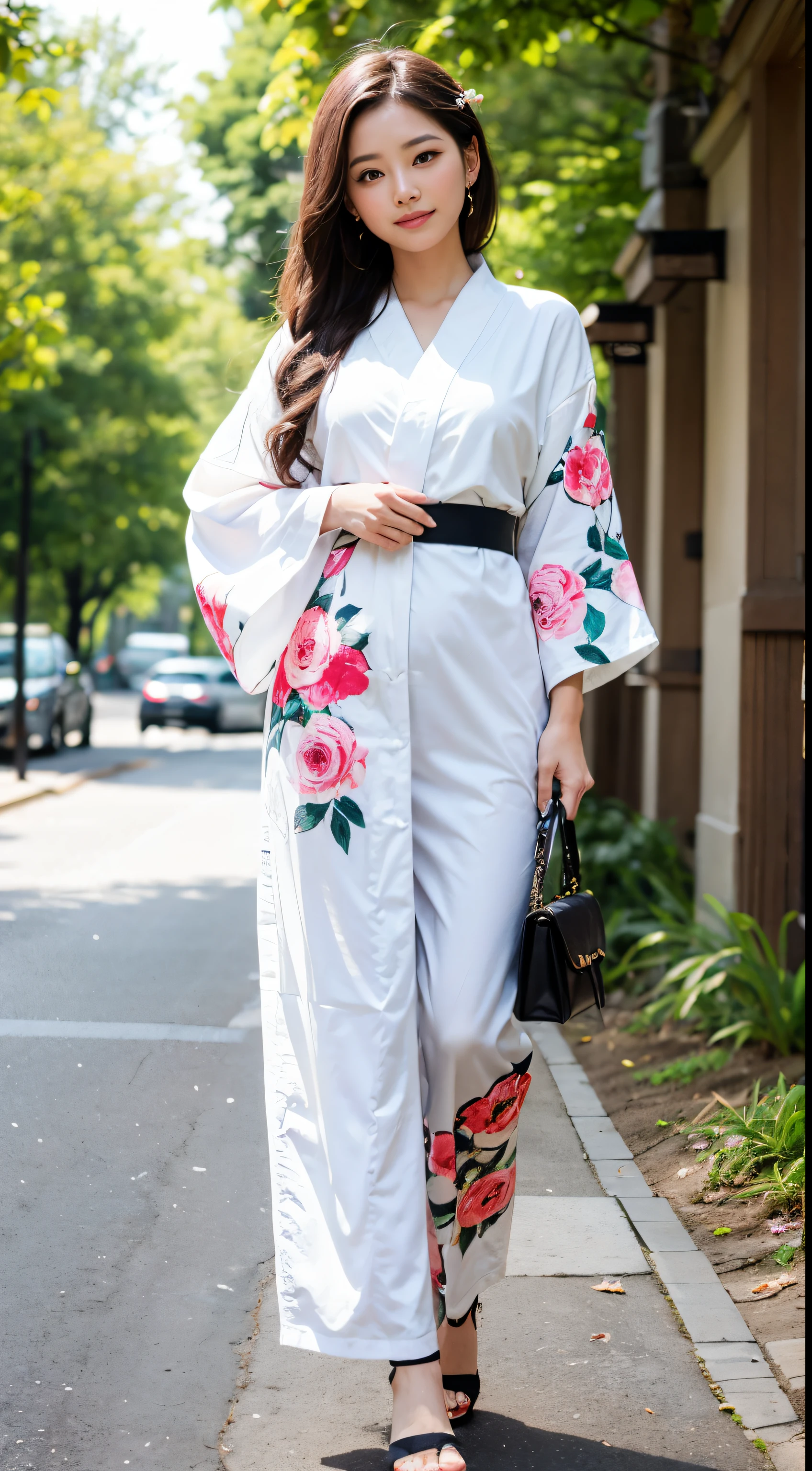 Best Shots，super super happy cute girl, with chestnut hair, Her,Blushing cheeks，Unparalleled beauty details of natural floral kimono,Full body high-definition painting,　A park with a great view in the city,Full body high-definition painting