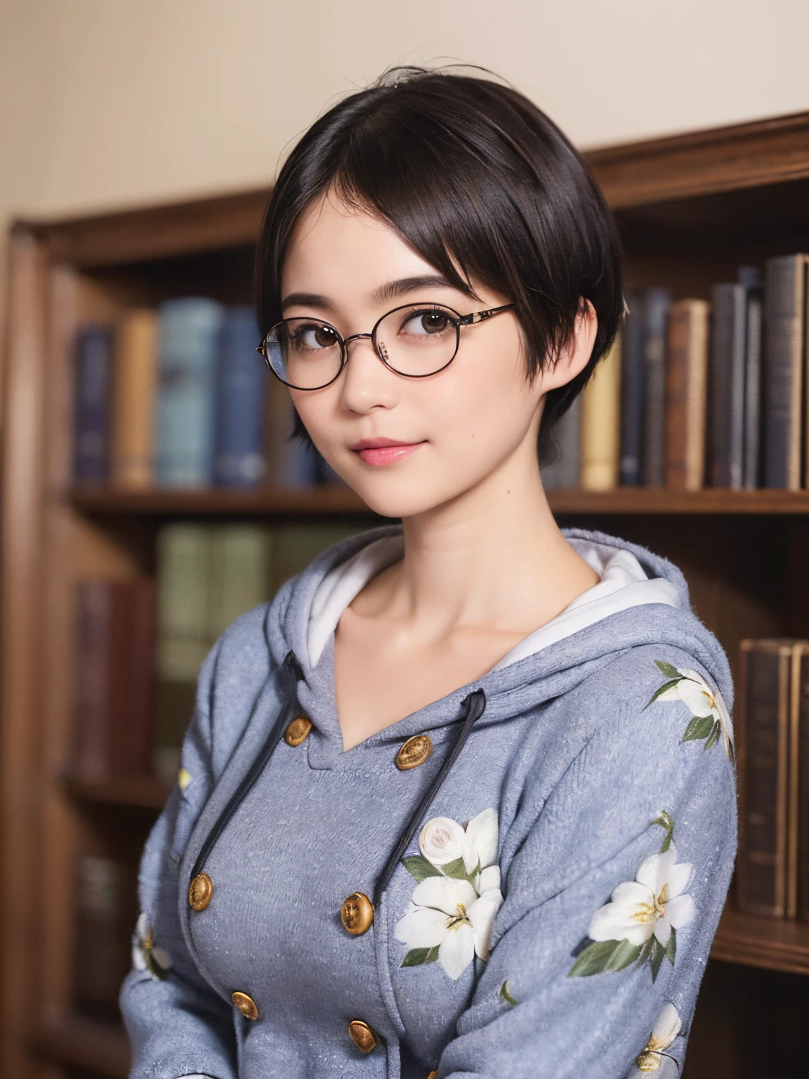 136
(a 20 yo woman,i'i'i'i'i'i'i'i'I'm in a dark library), (A hyper-realistic), (high-level image quality), ((beautiful hairstyle 46)), ((short-hair:1.46)), (Gentle smile), (breasted:1.46), (lipsticks), (wears glasses,wide,atlibrary), (florals), (wearing hoodies)