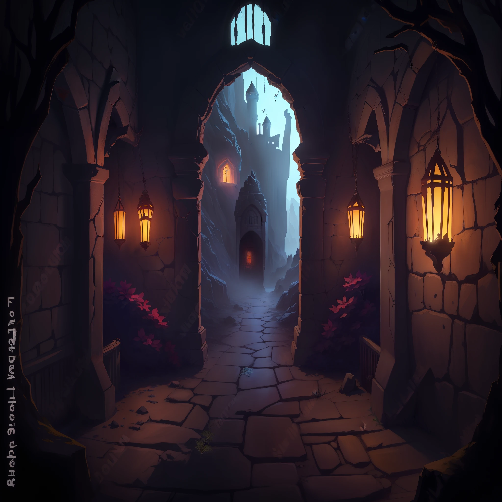 uma foto tirada de dentro de um castelo com um caminho de pedra, fundo medieval sombrio, fundo da masmorra, Fundo sombrio do castelo, estilo de arte de jogo de fantasia, Entrada para uma antiga masmorra, fundo escuro do castelo, stone gate to the dark cave, fundo medieval do castelo, ambiente de fantasia sombria, paisagem da fantasia medieval, em um fundo de masmorra, fundo escuro da fantasia, fundo escuro do castelo pastel
