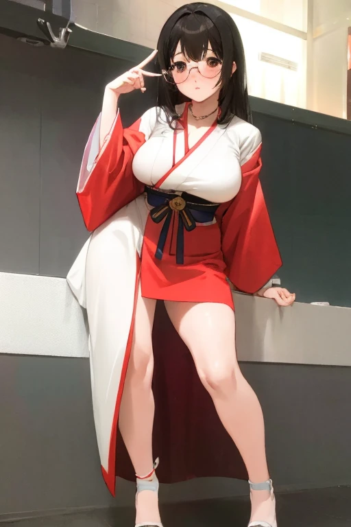 Stema Peace、hanekawa tsubasa、attack of glasses、A dark-haired、large boob、 (Black hair, Brown eyes, Round face), (nose blush, half opened eye),, [Full body shot]、eye glass、Head-to-toe shots、A dark-haired、wearing kimonos、The neck and hem are exposed、