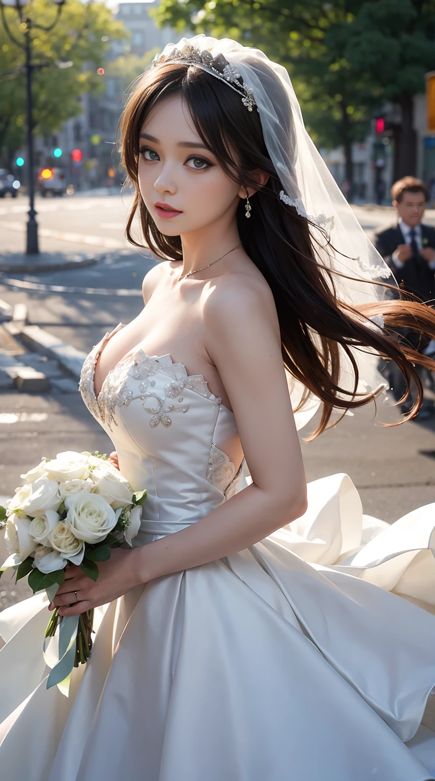 1girls, bride, Wedding Dresses, Open shoulders, Showing off big breasts, bridal veil, bokeh, Depth of Field, blurred background, light particle, high wind,