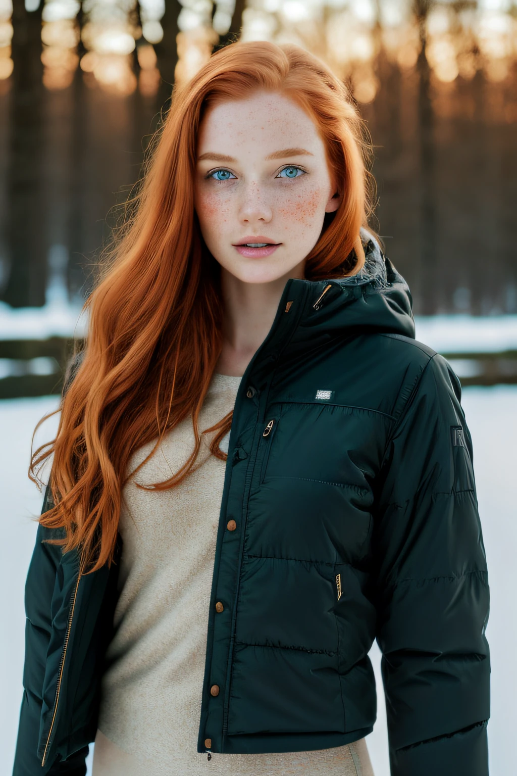 1girl in, 19, Solo, Aesthetic artwork, redhead, wavy ginger hair, shoulder length ginger hair, blue eyes, green eyes, some small freckles, pale skin, A-cup, small breasts, runners body, (textured skin, skin pores:1.1), (moles:0.8), imperfect skin,  late fall weather, (extremely detailed 8k wallpaper), soft lighting, high quality, film grain, Fujifilm XT3 sharp focus, f 5.6, 50mm, High Detail, Sharp focus,(natural light), (black winter jacket: 1.3), sweater, leggings, crazy details, complex details, hyper detailed