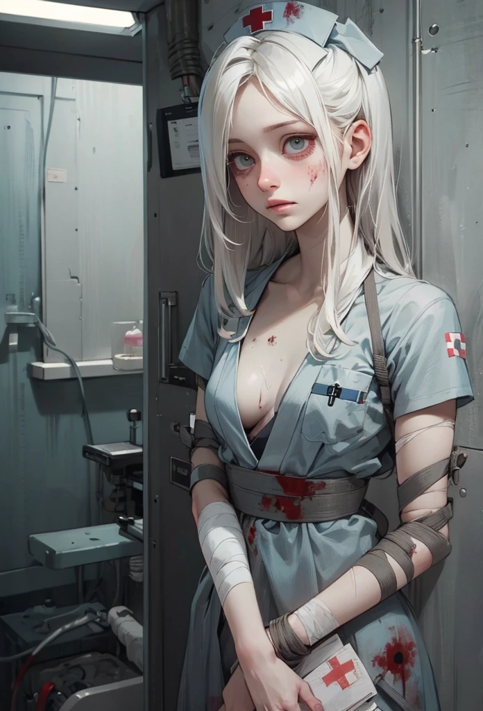 (Detailed illustrations,Very detailed and detailed drawing,Delicate lines with slow and rapid,Realistic texture expression),[Color tressed main line],Inorganic concrete room[Night Hospital],(Japan adult female[28 year old](Zombie Nurse))Hair put together [SKINNY((Small breasts))][pale skin](sickly look),([bandaged]Bondage Fashion),[[Return blood]],(Fine and beautiful skin expression [Transparency]),[Perfect eye details (Iris beautifully drawn in every detail)[Jewel-like eyes]],[long and beautiful eyelashes],[Meticulously drawn hair],(Perfect hand details [Beautiful fingers without breakdowns [Beautiful nails]]),(Perfect Anatomy(Perfectly proportioned))[[Full body like]],[Ideal color coordination(Accurate simulation of light-material interactions)],([Precision Detail](detaileds,high-detail)),[[Pale and gentle colors]][Visual art that conveys a sense of narrative] [[Eros in the Natural Body]].