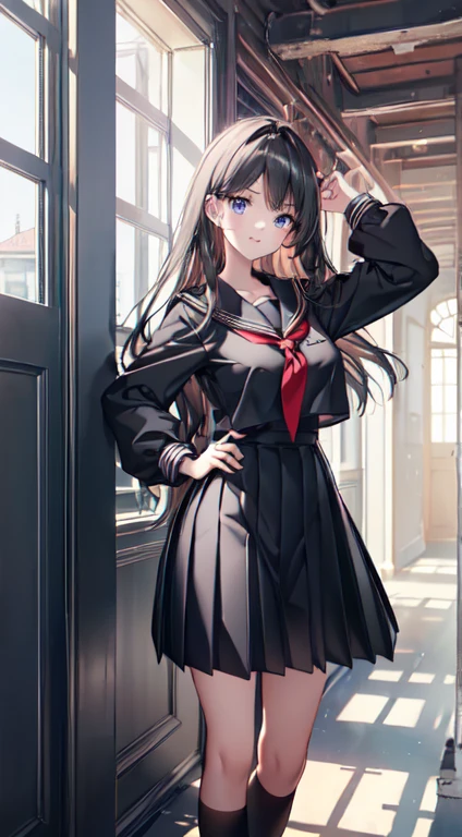 8k, (ultra-detailed:1.3, master piece:1.3, best quality:1.3, high resolution:1.3), 18year old, High school students, 1 person, (a girl, beautiful face, large and beautiful breasts, Blue eyes), eyes in highlight, catch light eyes, specular highlight eyes, (long hair, black hair), (long sleeve black sailor suit, black sailor color, Black pleated skirt, Separated uniforms, red ribbon tie, Black high socks, loafers) collarbone, abdomen, from the front side, shoot from front, whole body), Smile with teeth, school corridor, (standing, one hand on hip)