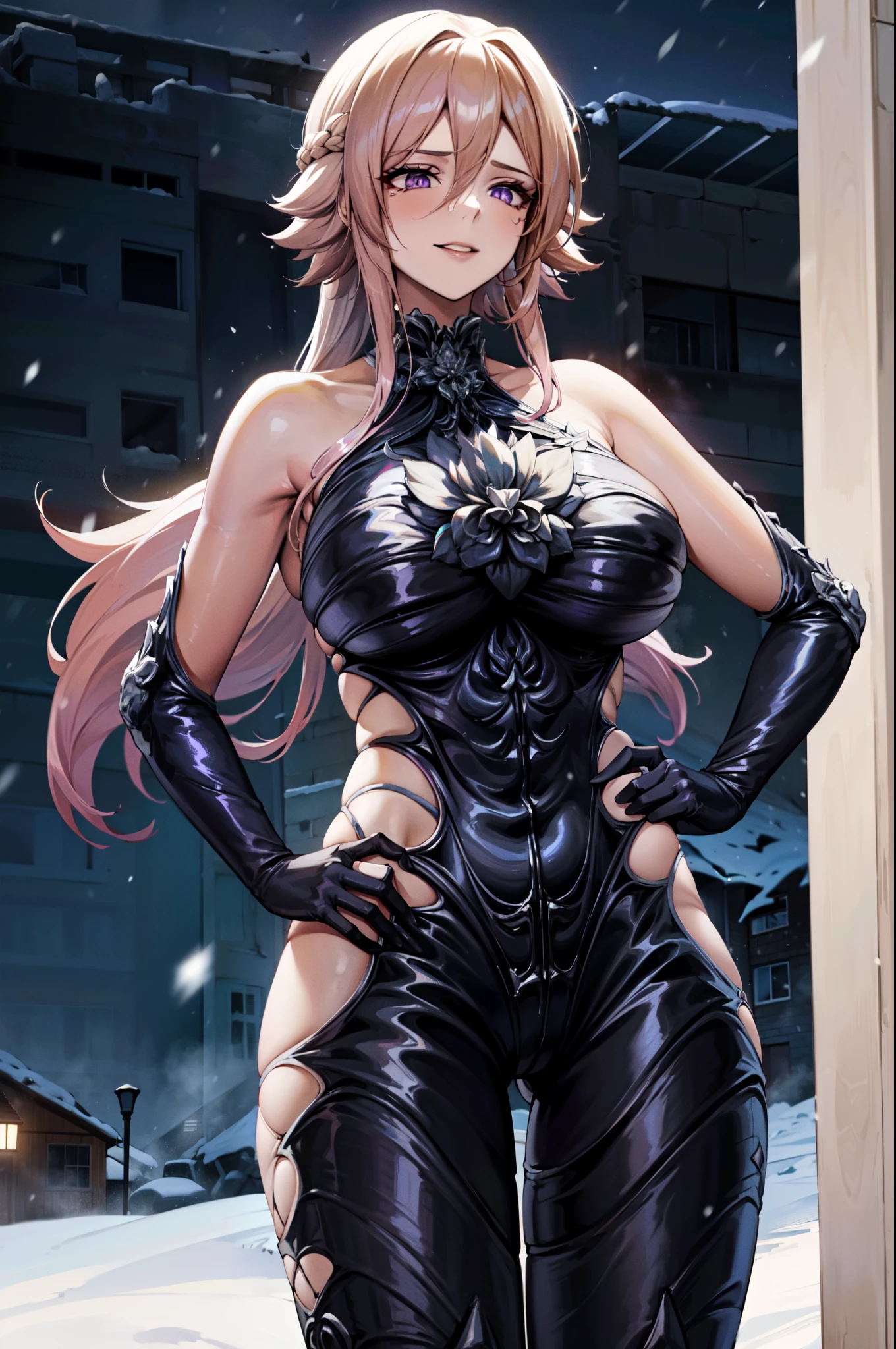 masterpiece, high quality, extremely detailed, 1girl, mature female, solo, ravendef, (huge breasts:1.4), (((pink hair, very long hair, hair between eyes, purple eyes, slit pupils))), red lips, (((omegaf bodysuit, elbow gloves, black gloves))), ((yandere trance, evil smile), closed mouth), ((hands on own hips, destroyed buildings, winter, snowing, night))