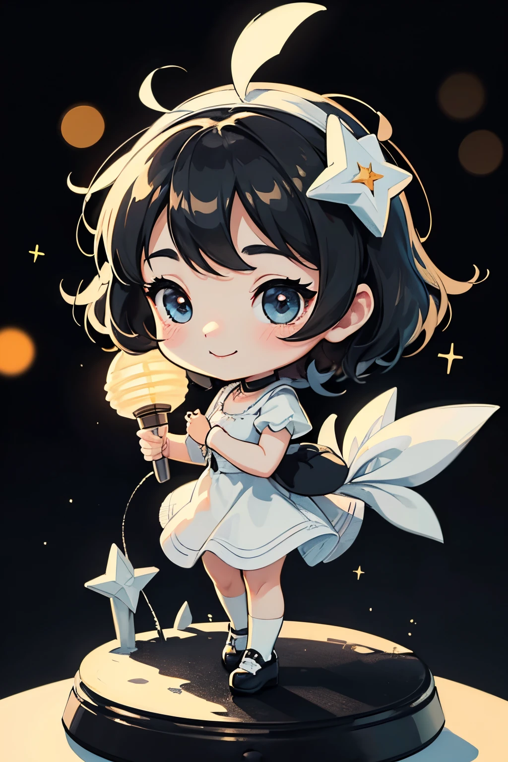 ((Monochrome Art、white and black))、 (Dynamic Pose), (The background is ruins:1.1)、Place one small doll on a circular stand、kawaii pose、A smile、A dark-haired、Chibi Doll、Stars in the eyes(kirakira)、Singing with microphone in hand、Eye Up、Laugh、Cute shoes、Ultra Detail, radiant light、bio luminescent、Stronger bokeh effect、Taken from the side