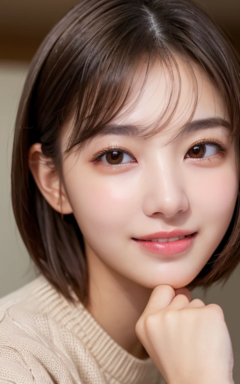(Photo Real:1.4), (hyper realisitic:1.4), (Smooth lighting:1.05), 1 girl, (sad:1.4), Mouth slightly open, Neat and clean beauty, 22 years old, Soft lighting, Back lighting, (cheerfulness:1.2), (Finest Real Textured Skins), Narrow-eyed, Super fine face, glowy skin, retinas, Anatomically correct, acurate, Super Detail, Textured skin, High quality, high details, Best Quality, High resolution, Short hair, Bangs, Sweaters