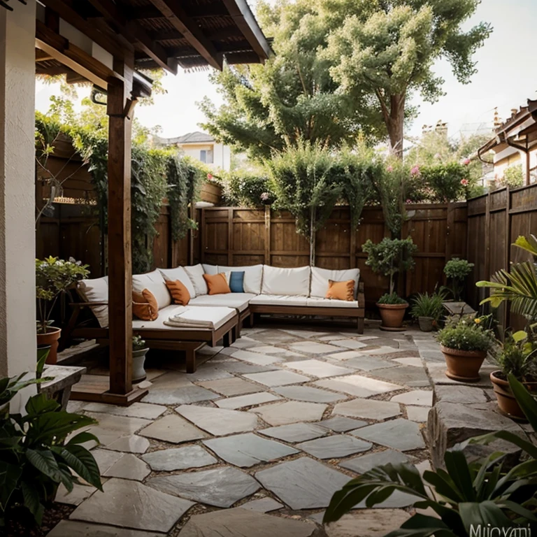 Design a small patio area in the style of a vintage french garden with old Italian features and a tiki theme