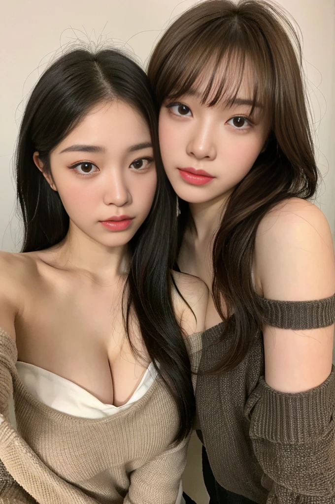 (nighttime scene,逼真光线,best qualtiy,8K,tmasterpiece:1.3)),1girll,Beautiful woman with plump body:1.4,(brown hair,mediuml breasts:9.9),Off-the-shoulder cut top:1.7,sofe,Super detailed face,Detailed eyes,Double eyelids, Sexy girl, Breasts big big, hugs breast, hot,