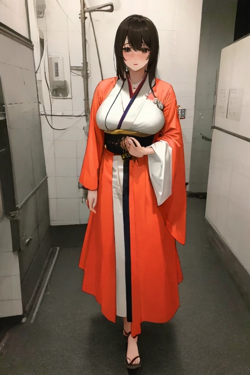 Stema Peace、hanekawa tsubasa、attack of glasses、A dark-haired、large boob、 (Black hair, Brown eyes, Round face), (nose blush, half opened eye),, [Full body shot]、eye glass、Head-to-toe shots、A dark-haired、wearing kimonos、The neck and hem are exposed、