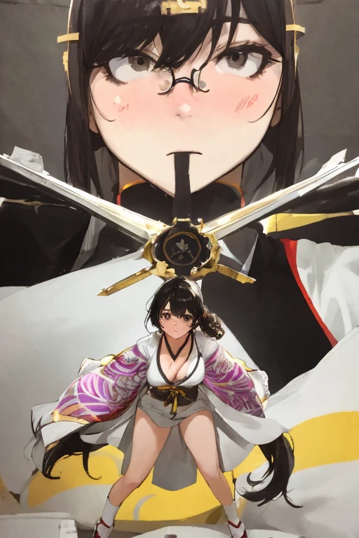 Stema Peace、hanekawa tsubasa、attack of glasses、A dark-haired、large boob、 (Black hair, Brown eyes, Round face), (nose blush, half opened eye),, [Full body shot]、eye glass、Head-to-toe shots、A dark-haired、wearing kimonos、The neck and hem are exposed、