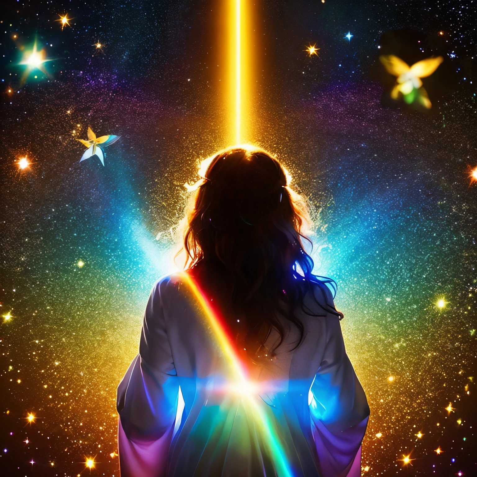 A woman assimilated with light、Magical、Fantastical、spiritual、kosmos、the soul returns to the light、Eternal Life、Rainbow of Seven Colors、Sacred rituals、shine、be born again、Falling light、Beautiful fantastic scenery、Surrounded by light