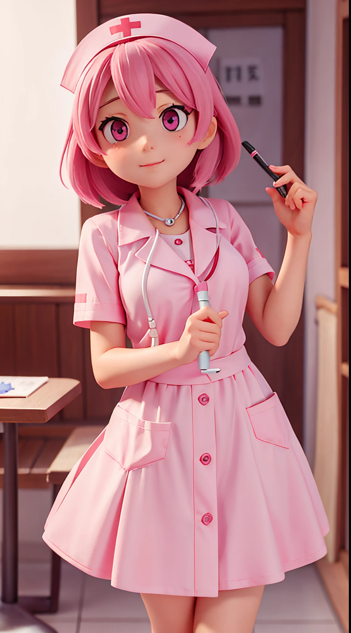 she is a cute nurse、Pink eyes