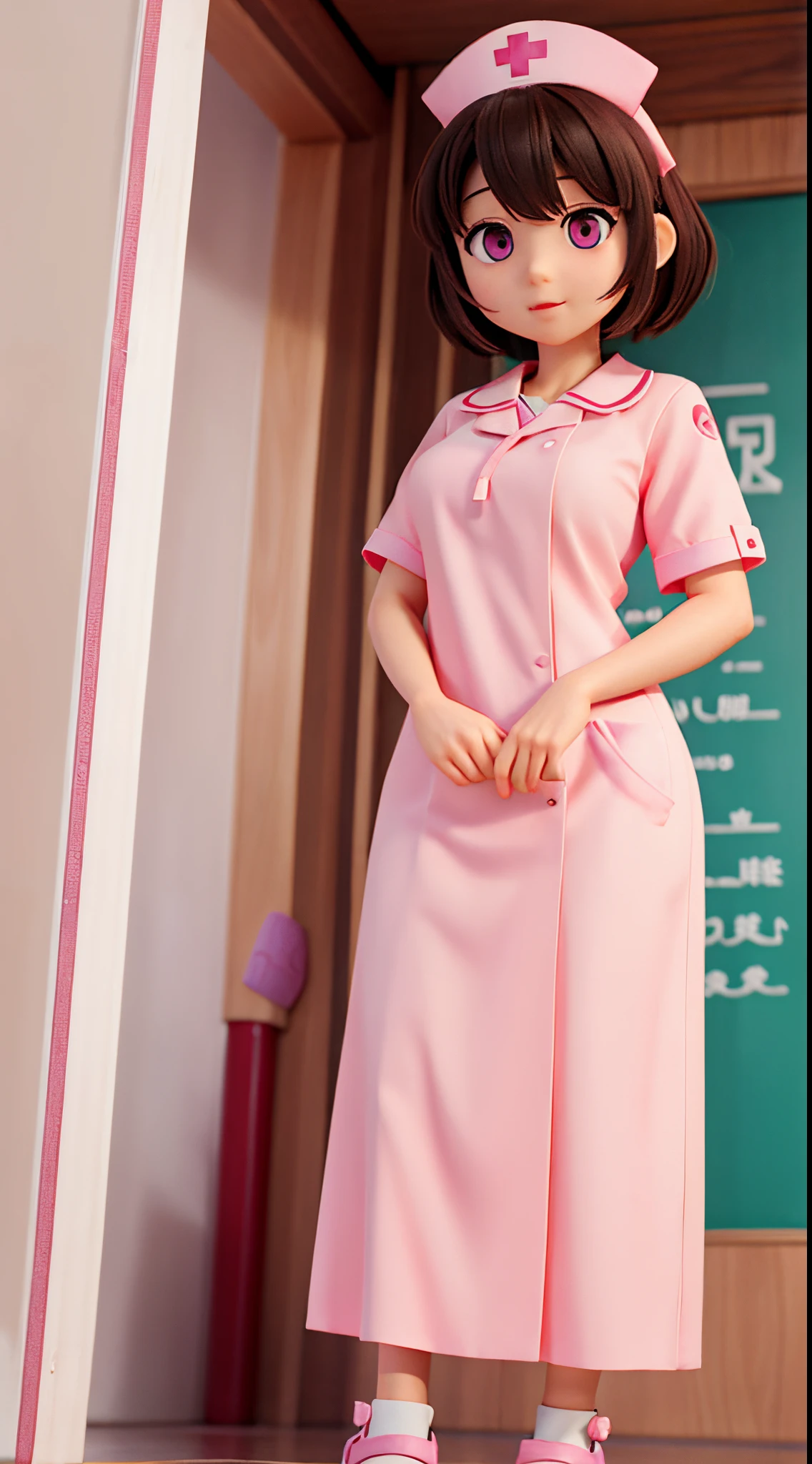 she is a cute nurse、Pink eyes