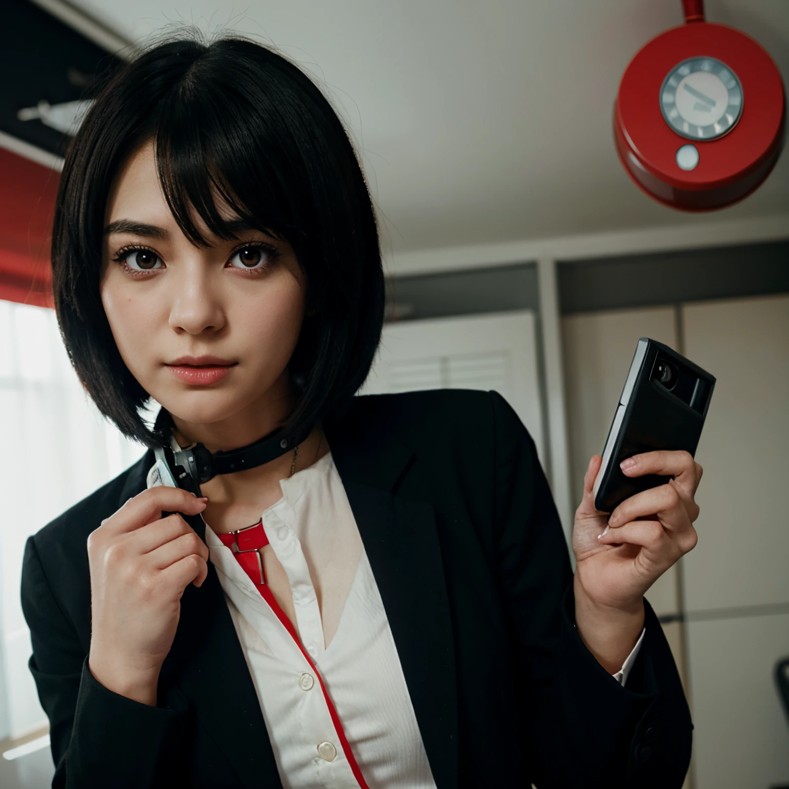 A anime girl wearing a black suit, short black hair and red eyes holding a red 90's telephone
