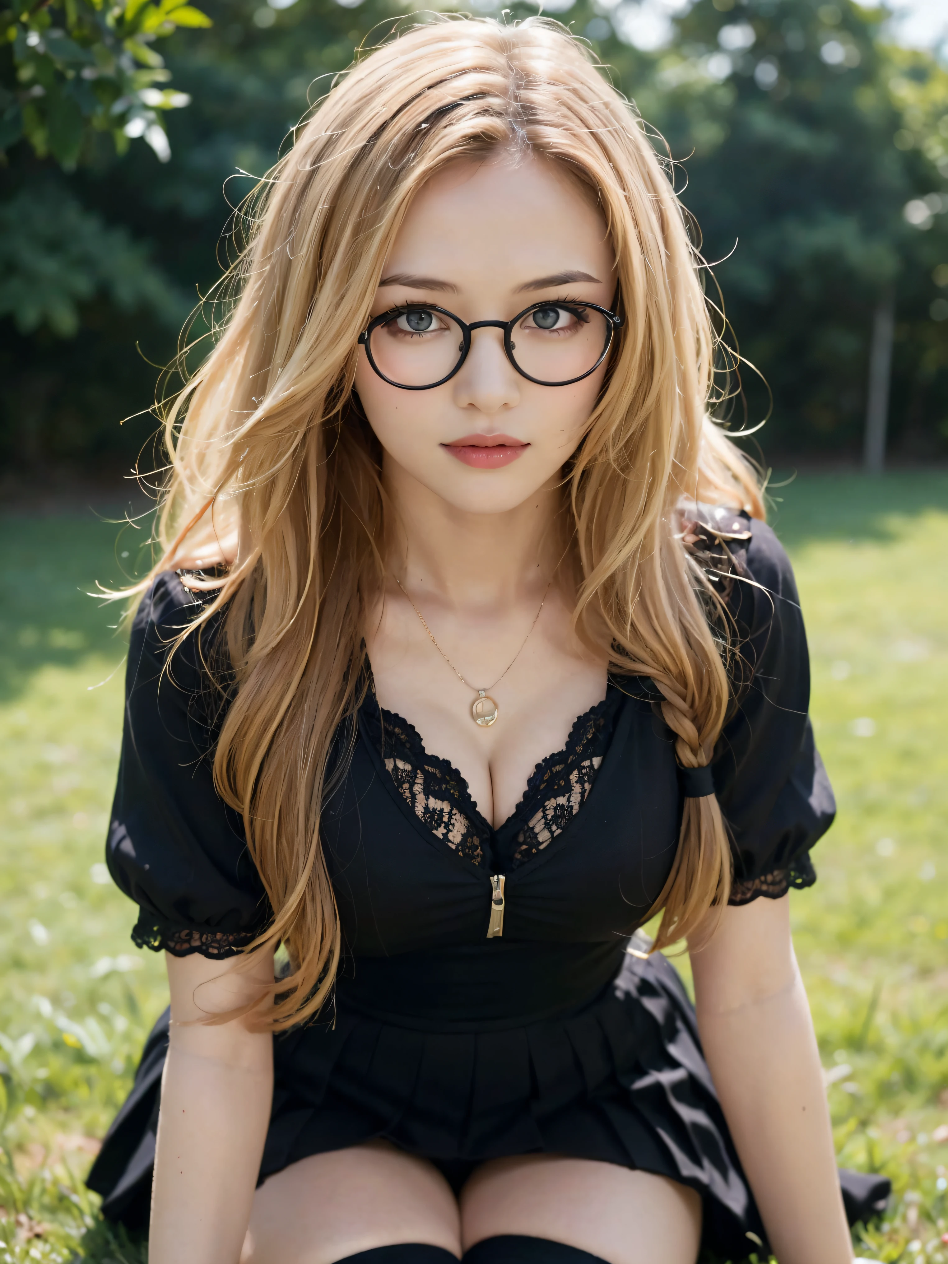 Ayaka, the Solemn Knight with a Ponytail, wearing Glasses and White Hair, is standing in the middle of a Field Background, adding a touch of Peasant clothes(0.7) to her charm. She has a Medium Breast and an inviting Smile with her Hair Accessories