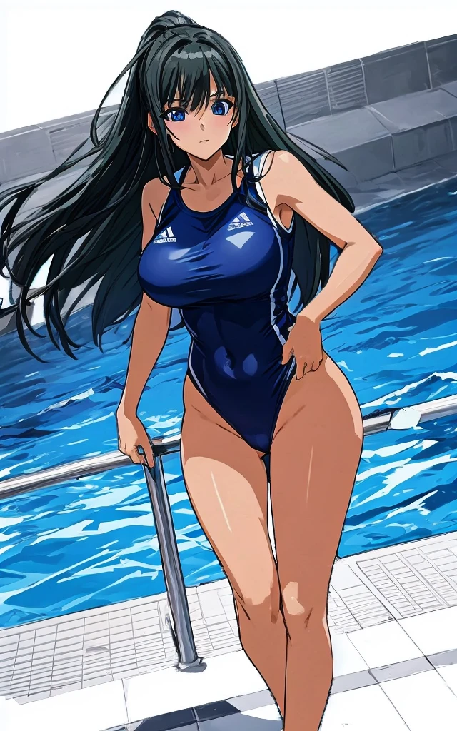 A beautiful woman with long black hair, big breasts, and beautiful legs is standing by the school pool in a blue competitive swimsuit.。