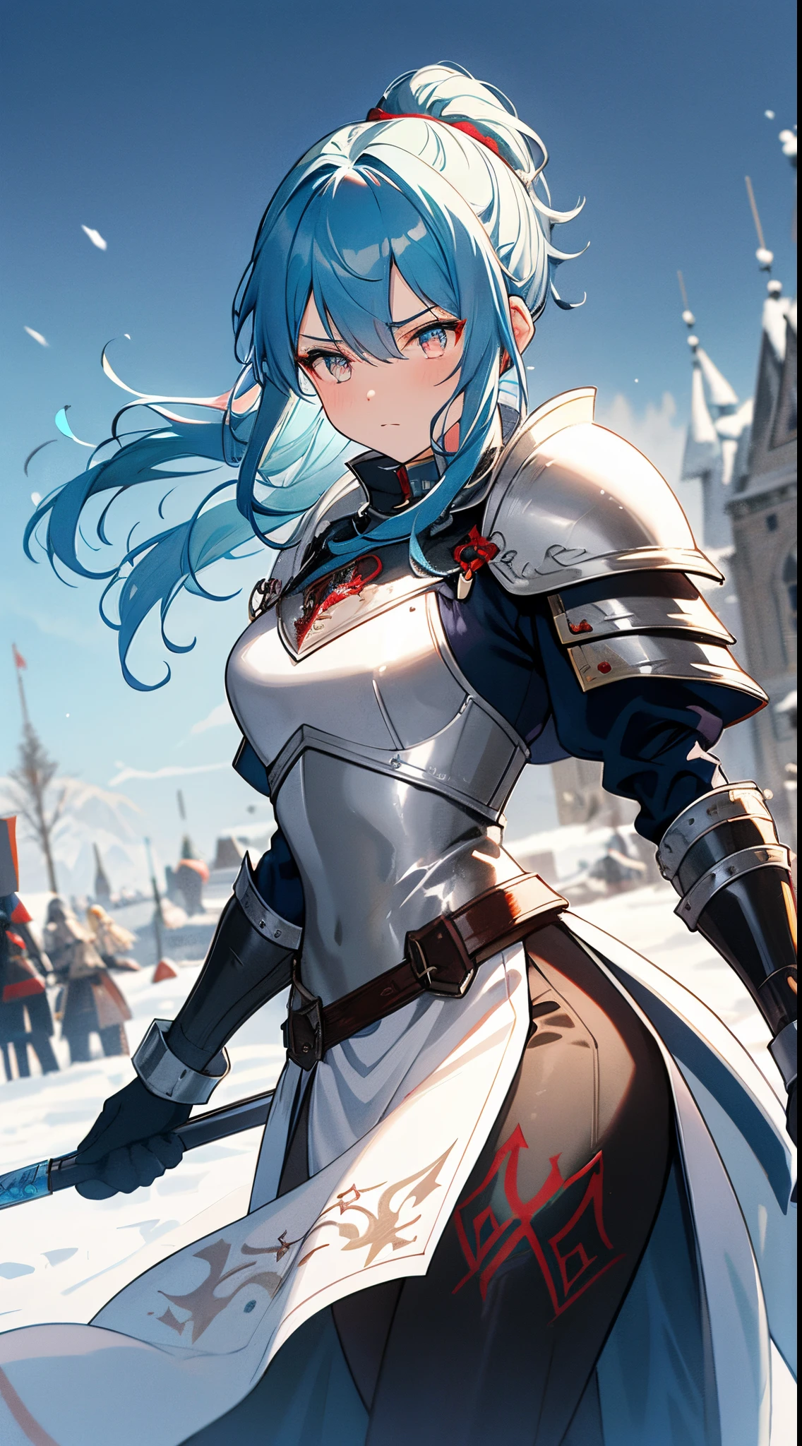 cyan hair, crimson eyes, medium hair, hair-up, silky hair, fit body, dynamic angle, engraved armor, snowy background, princess, defiant, medieval, battlefield determined, masterpiece,