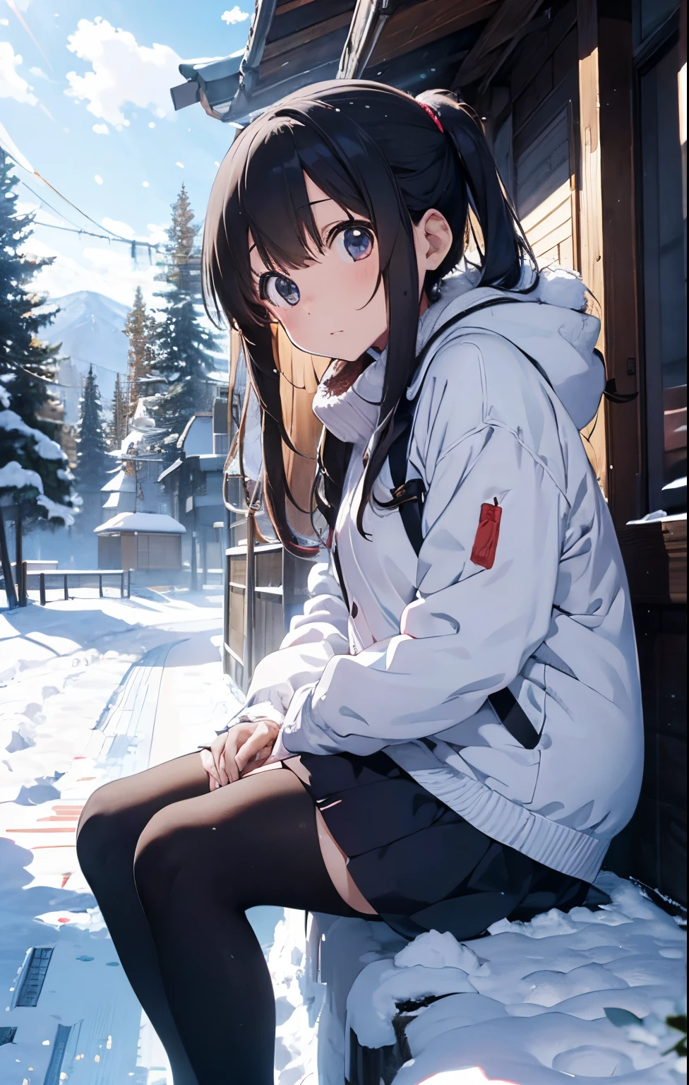 masutepiece, Best Quality, hight resolution,Anime girl sitting on a snowboard in the snow with trees in the background, In the snow, in snow, (Snow), at winter, yuruyuri, akiko takase, winter snow, Illustration!, snowy day, Inspired by Miwa Komatsu, lain iwakura, yuru camp, tsugumi ohba, snow snow, aya takano color style
