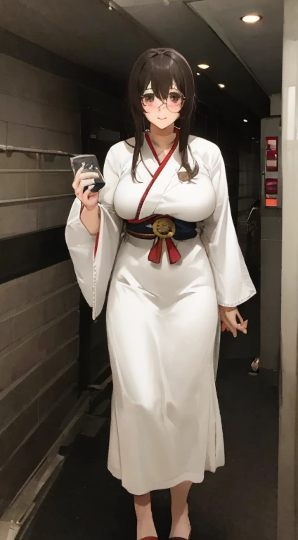 Stema Peace、hanekawa tsubasa、attack of glasses、A dark-haired、large boob、 (Black hair, Brown eyes, Round face), (nose blush, half opened eye),, [Full body shot]、eye glass、Head-to-toe shots、A dark-haired、wearing kimonos、The neck and hem are exposed、