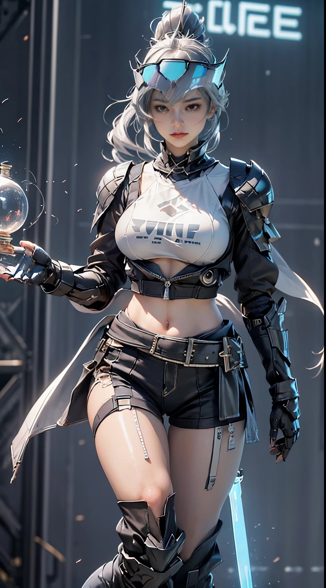 ((unreal enginee 5)), lifelike rendering, excellent, (Full Armor Body), (cloaks), (Helm), looking in camera, Stand in the studio, Beautiful face, makeup, CGI Mix, (Photorealism:1.2), Ultra-realistic UHD face, (Colossal tits), Slim waist, an hourglass figure, Half body, ((Glowing skin)), ((Shiny skin)), Realistic body, ((She has a )), ((Clean skin)), Photorealistic, Bokeh, Motion Blur, masutepiece, hight resolution, 1080p, Super Detail, Textured skin, (Sword at the waist), close up to upper body, silver hair, drill hair:0.4