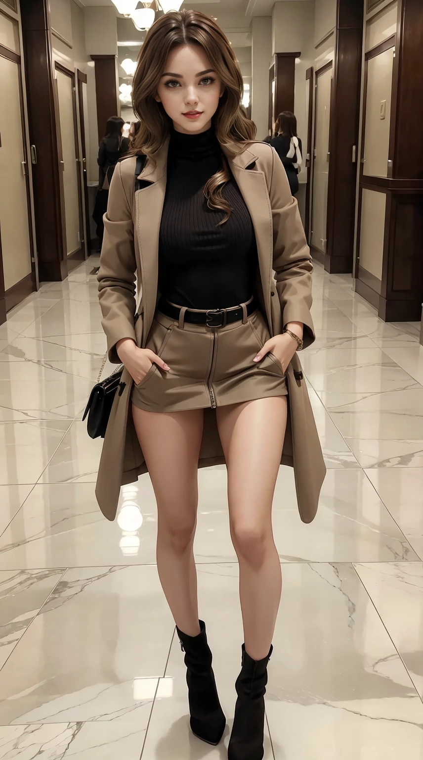 a 25yo woman、ash brown、eye color is brown、Medium hair、hair is wavy、wearing eye shadow and lipstick、accessories on wrist、Slender but well-proportioned muscular body、Wearing a long coat over a high-neck zipper-up top、She is wearing a tight skirt with a deep slit.、hands in the pockets of a long coat、I'm wearing high heels、a smile、on the marble floor