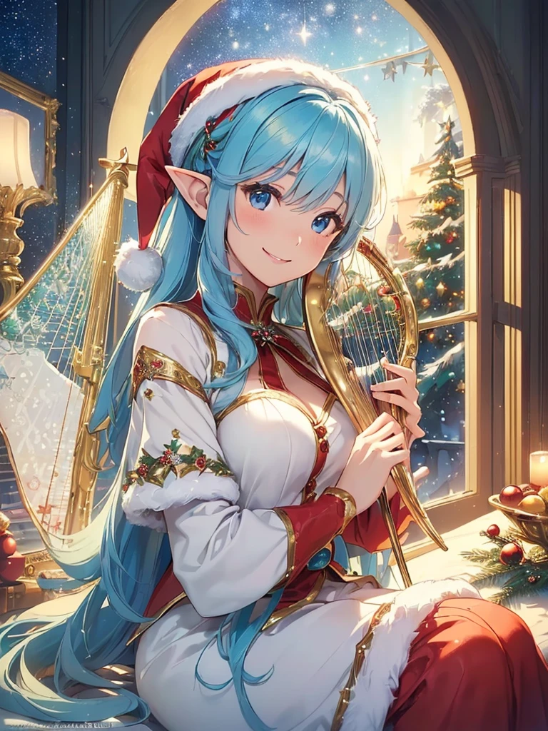 top-quality、Top image quality、​masterpiece、frontage、Super beautiful fairy elf beauty((24 year old、Best Bust,beautiful blue long ironed hair、a blond、A slender、Esbian、santa hat、Santa Clothes、hiquality、Beautiful Art、window((starrysky))masutepiece、visualart、Room with fireplace、luxuries、happy birthday、Christmas Party、Christmas present🎵、Happy smile、Gentle light、nffsw、playing harp、beautiful harp,beautiful harp melody🎵