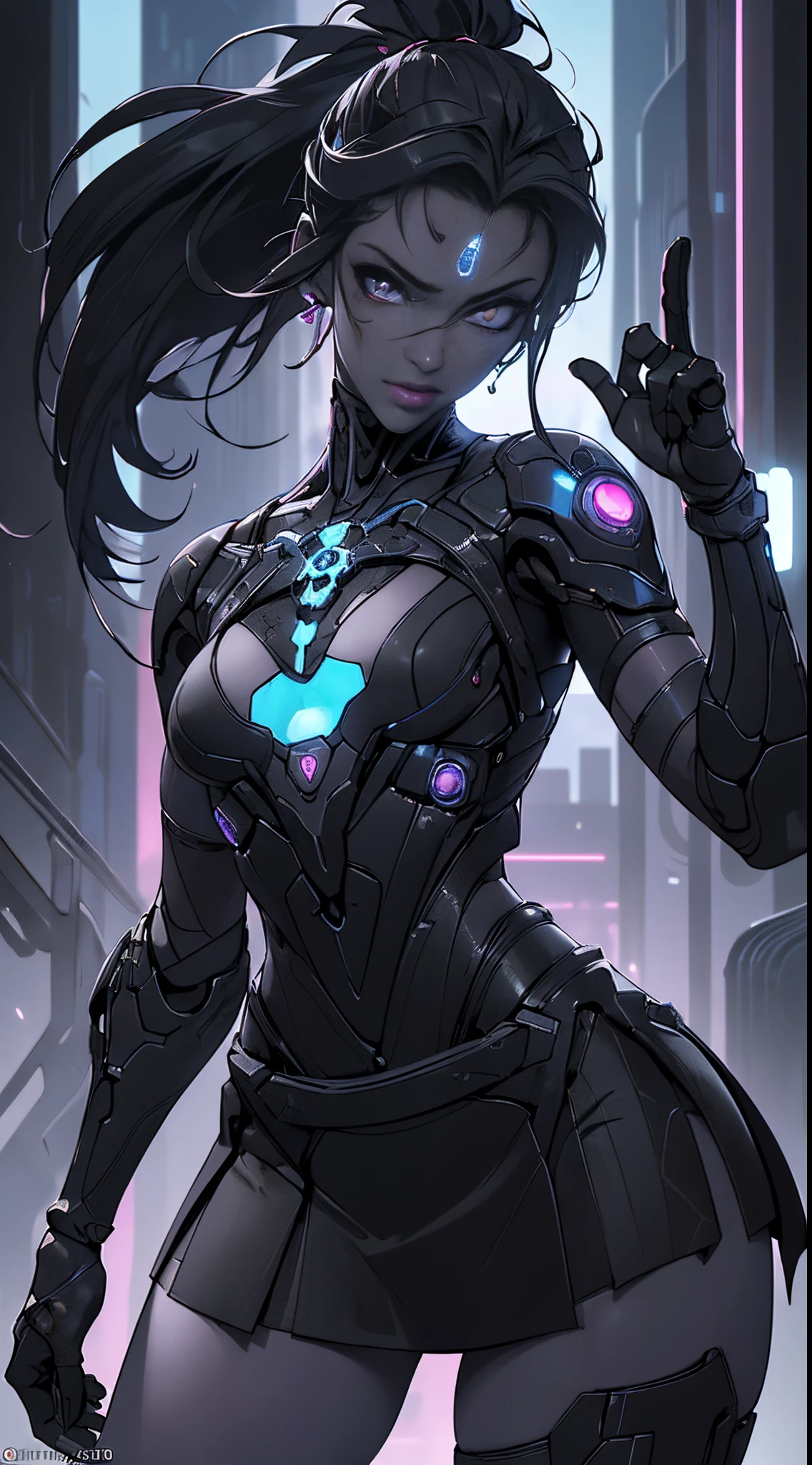 Ariana Grande cyborg, Cibersamurái, desnudo, Cabello largo, ojos azules, cabello negro, pechos grandes, escote, muslos anchos, Science-Fiction, ciborg:1.4, cyberpunk,( fondo negro brilla: 1.25),More detailed 8K.motor irreal:1.4,UHD,La mejor calidad:1.4, fotorrealista:1.4, textura de la piel:1.4, obra maestra:1.8,obra-prima, mejor calidad,objeto Objeto], (detailed face features:1.3),(Ojos sutiles y hermosos :1.1),(Perfect anatomy),lingerie sexy pink,(Cybersamurai white:1.4),(fondo ciudad Tokio cyberpunkAI colors:1.4) ,(convexo Dedos detallados), (  cyborg),(Pieza maestra:1.2), (mejor calidad:1.2),(Pieza maestra:1.2), (mejor calidad:1.2),(miniskirt ciborg:1.4), (panties ciborg)