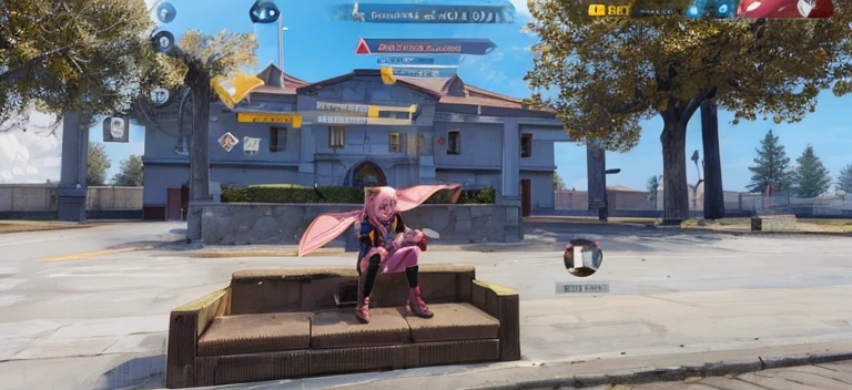 (8k, RAW photo, best quality, masterpiece), ultra high resolution, (realistic, photo-realistic), 1girl, emotionless, solo, pink hair, yellow eyes, professional lighting, detailed lighting, backlight, depth of field, natural lighting, sharp focus, two meter shooting distance, professional photo shoot, detailed eyes, realistic eyes, detailed shadow, cg game, cosplay, pink clothes with arm ring, suspenders, upper body, pink clothes, exterior, crown, Gundam, Mecha, robot