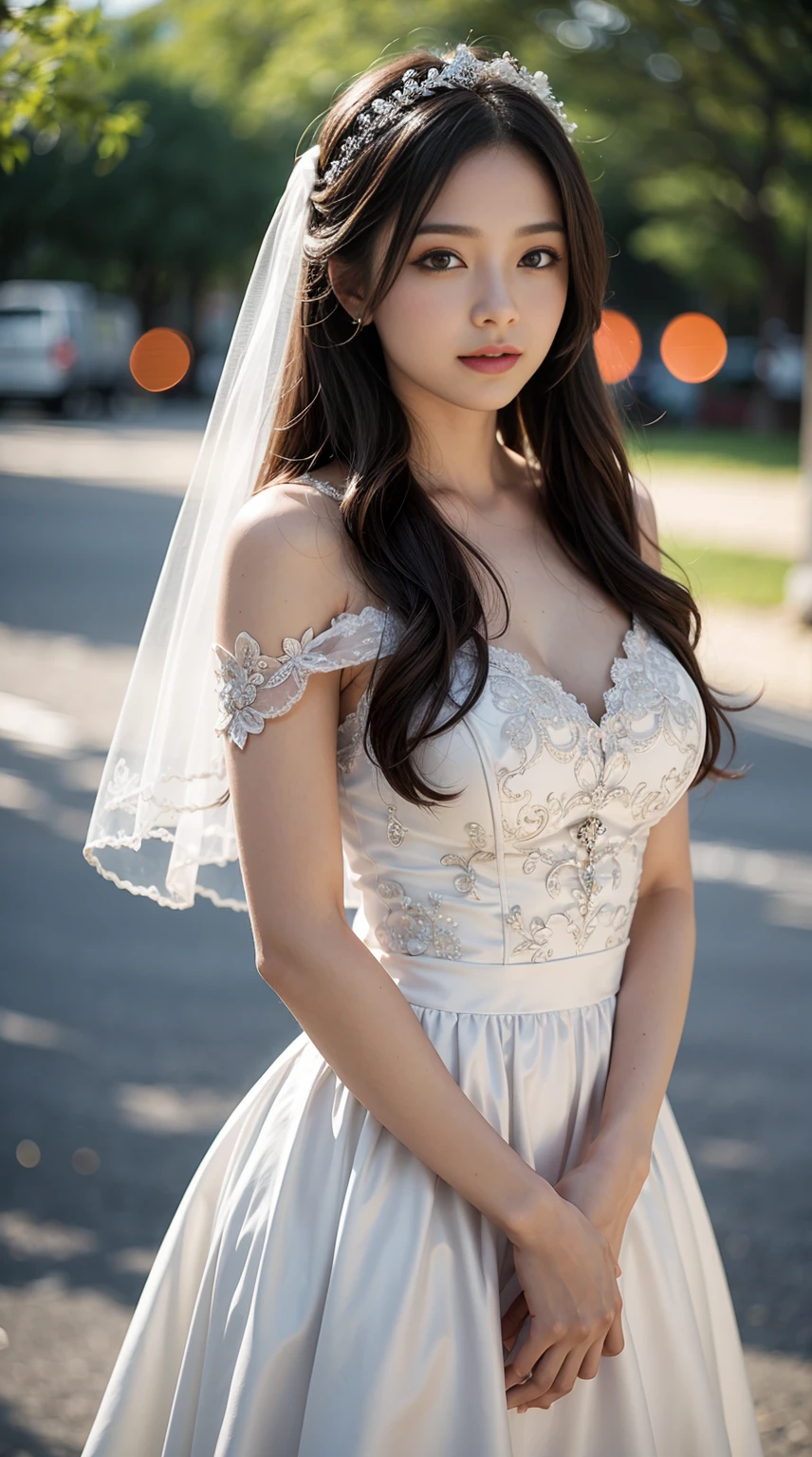 1girls, bride, Wedding Dresses, Open shoulders, Show big breasts, long-haired, bridal veil, bokeh, Depth of Field, blurred background, light particle, high wind, See the whole body..,