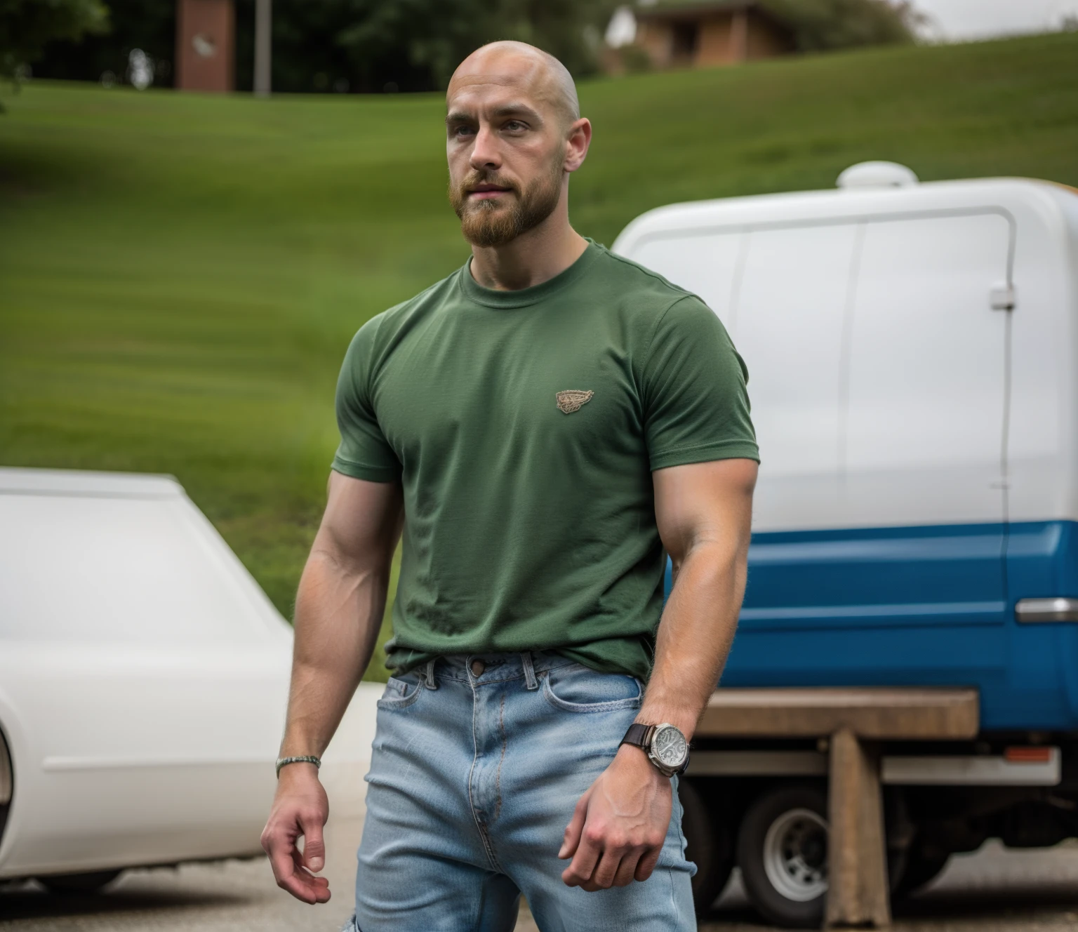 character sheet, dilf, short beard, bald, lean body, tattoos, skater shoes, early 40's, wrist watch, white socks, converse sneakers, loose cargo jeans, hunter green shirt, standing, handsome, gentle expression, slim tall build, white male