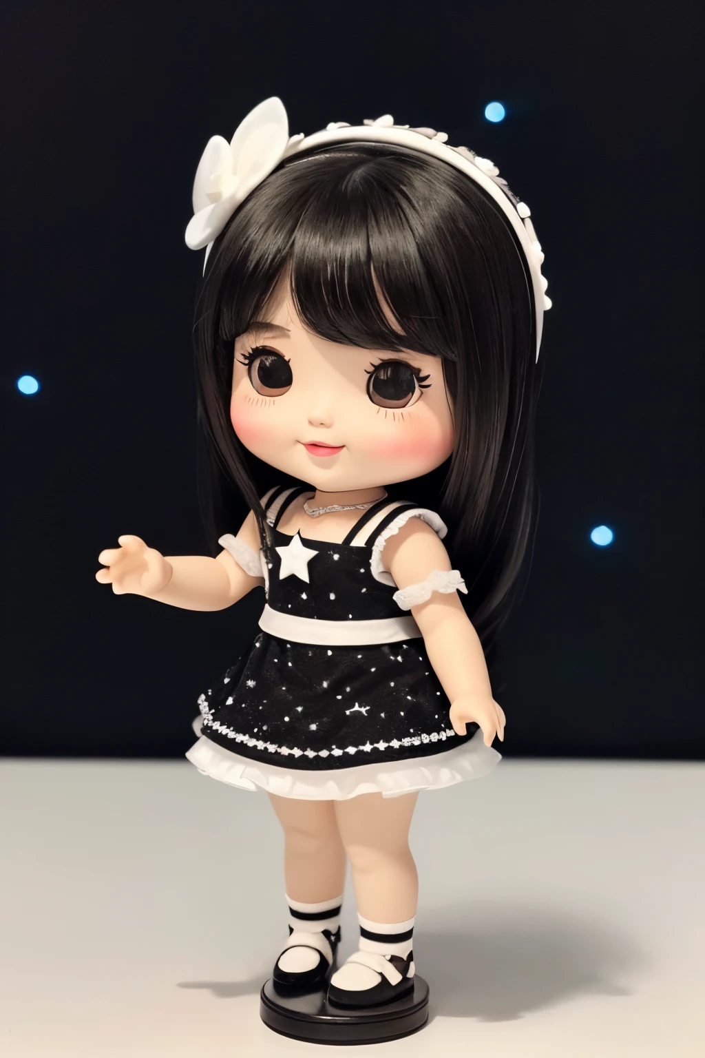 ((Monochrome Art、white and black))、 (Dynamic Pose), (Starry sky background:1.1)、Place one small doll on a circular stand、kawaii pose、A smile、A dark-haired、Chibi Doll、Stars in the eyes(kirakira)、Singing with microphone in hand、Eye Up、Laugh、Cute shoes、Ultra Detail, radiant light、bio luminescent、Stronger bokeh effect、Taken from the side