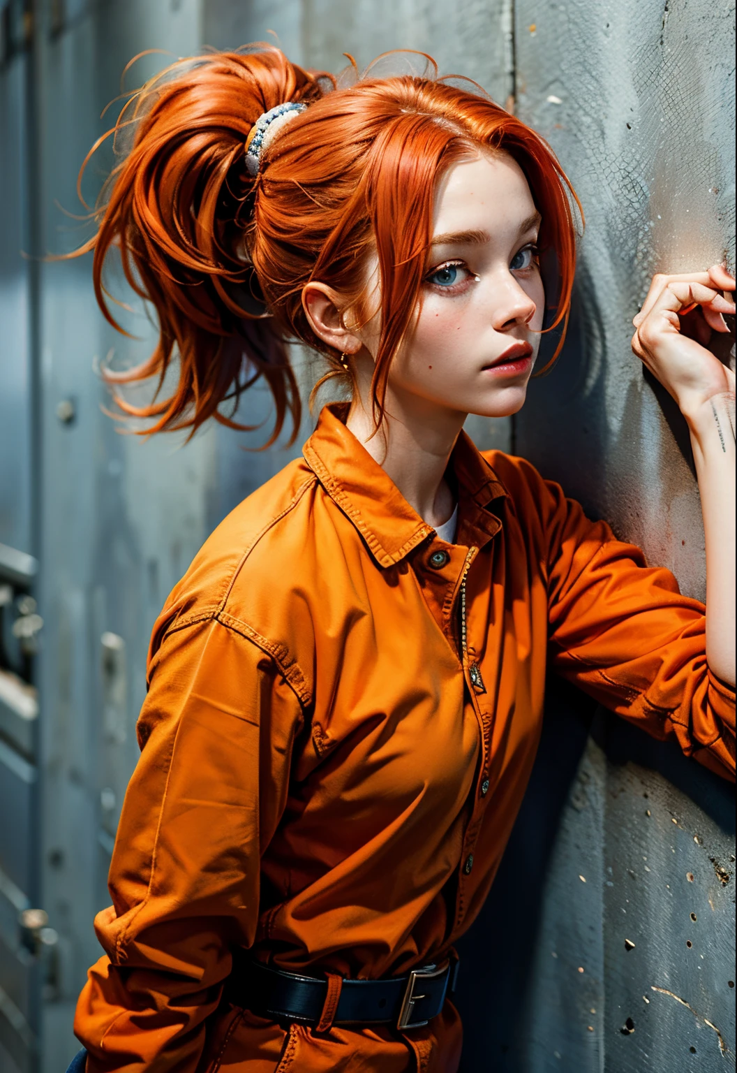 beautiful red hair, blue eyes, orange clothes, ponytail, American, 19 years old, Gorgeous woman, prisoner, standing, leaning against wall