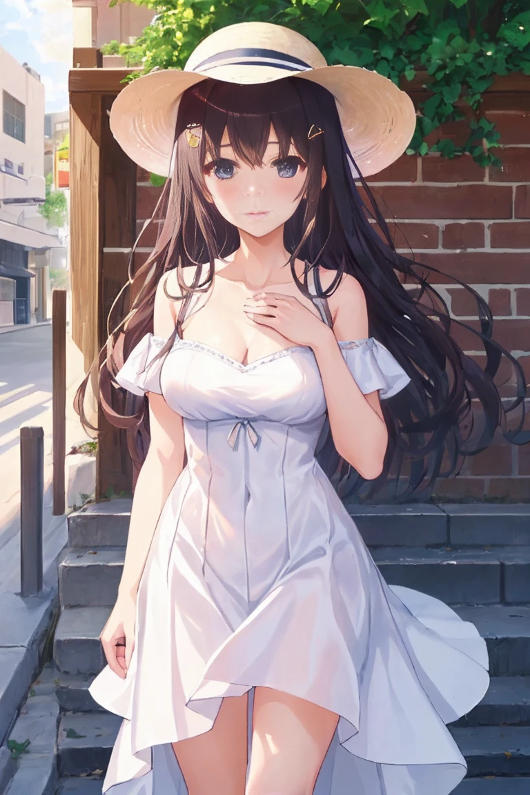 Best Quality, masutepiece,  Utah, 1girl in, Solo, Long hair,  shairband,  Bangs, White long skirt integrated dress，large size straw hat，In the street，Standing, blush, Long legs, white hairband, breasts, Put your hand on your chest and pat your head