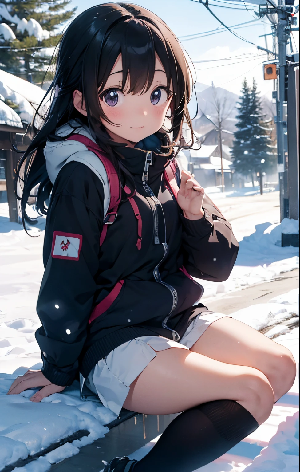 masutepiece, Best Quality, hight resolution,Anime girl sitting on a snowboard in the snow with trees in the background, In the snow, in snow, (Snow), at winter, yuruyuri, akiko takase, winter snow, Illustration!, snowy day, Inspired by Miwa Komatsu, lain iwakura, yuru camp, tsugumi ohba, snow snow, aya takano color style,knee sox