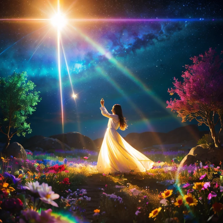 Pillar of Light、A woman assimilated with light、Falling light、beautiful fantastic scenery、Surrounded by light、surrounded by great love、heal heart wounds、Magical that brings joy to life、Fantastical、spiritual、kosmos、the soul returns to the light、Eternal Life、Rainbow of Seven Colors、Sacred rituals、shine、Born Again