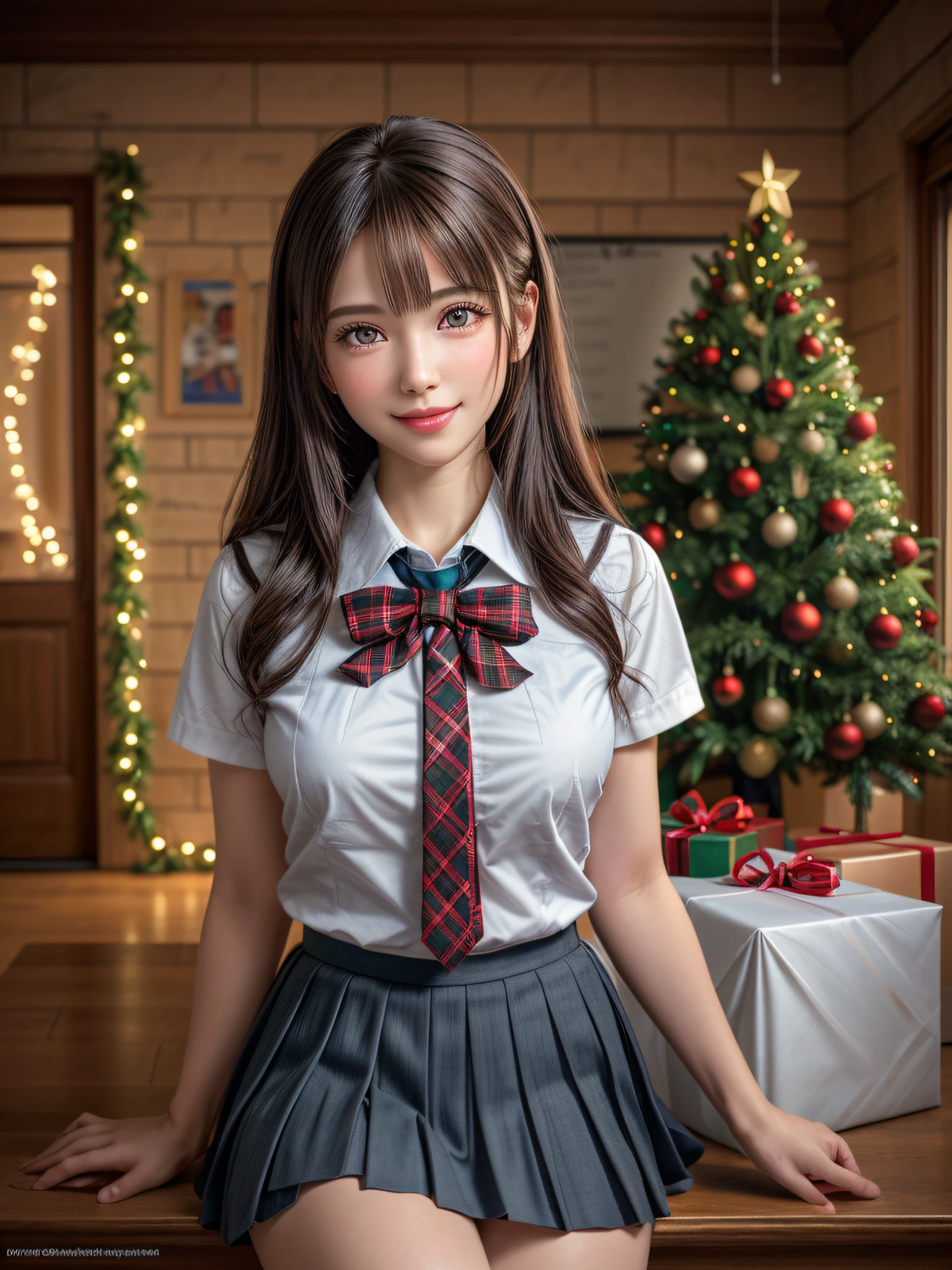 (2girls:1.4), Extremely cute, amazing face and eyes beautiful nice smile), (extremely detailed beautiful face), bright and shiny lips, (School uniform, Pleated skirt:1.3), (Best Quality:1.4), (hyper quality), (Ultra-detailed), (Hyper-realistic, Photorealsitic:1.37), Authentic skin texture, intricate-detail, extremely detailed CG unified 8k wallpaper, RAW Photos, professional photograpy, Cinematic lighting, Exposing, Christmas tree, Christmas Ornaments, Christmas Decorations, Christmas Lights, Christmas Lights,