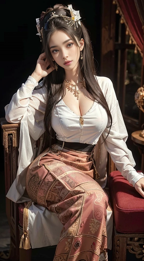 (Realistic:1.3), insane details, quality, (master-piece:1.2), (photorealistic portrait:1.2), (bestquality), (Detailed skin:1.3), (intricate detailed), ray tracing, ((Full body)), ((1woman)), (((1man))), 18-20 years old, ((long-haired)), smile, Red Dresses, patterned skirt, Contrast color between dress and skirt, skirt pattern, earrings, necklace, Javanese jewelry, (blurred background), Eyes on camera, breast cleavage, huge breast,, Beautiful breast, Big breast augmentation, elongated legs