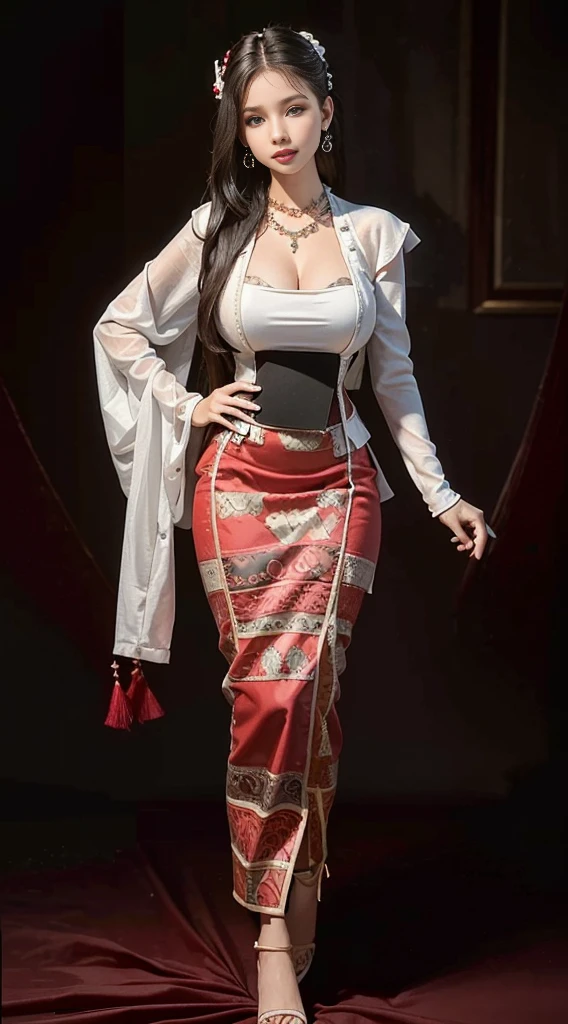 (Realistic:1.3), insane details, quality, (master-piece:1.2), (photorealistic portrait:1.2), (bestquality), (Detailed skin:1.3), (intricate detailed), ray tracing, ((Full body)), ((1woman)), (((1man))), 18-20 years old, ((long-haired)), smile, Red Dresses, patterned skirt, Contrast color between dress and skirt, skirt pattern, earrings, necklace, Javanese jewelry, (blurred background), Eyes on camera, breast cleavage, huge breast,, Beautiful breast, Big breast augmentation, elongated legs