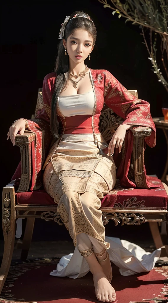 (Realistic:1.3), insane details, quality, (master-piece:1.2), (photorealistic portrait:1.2), (bestquality), (Detailed skin:1.3), (intricate detailed), ray tracing, ((Full body)), ((1woman)), (((1man))), 18-20 years old, ((long-haired)), smile, Red Dresses, patterned skirt, Contrast color between dress and skirt, skirt pattern, earrings, necklace, Javanese jewelry, (blurred background), Eyes on camera, breast cleavage, huge breast,, Beautiful breast, Big breast augmentation, elongated legs