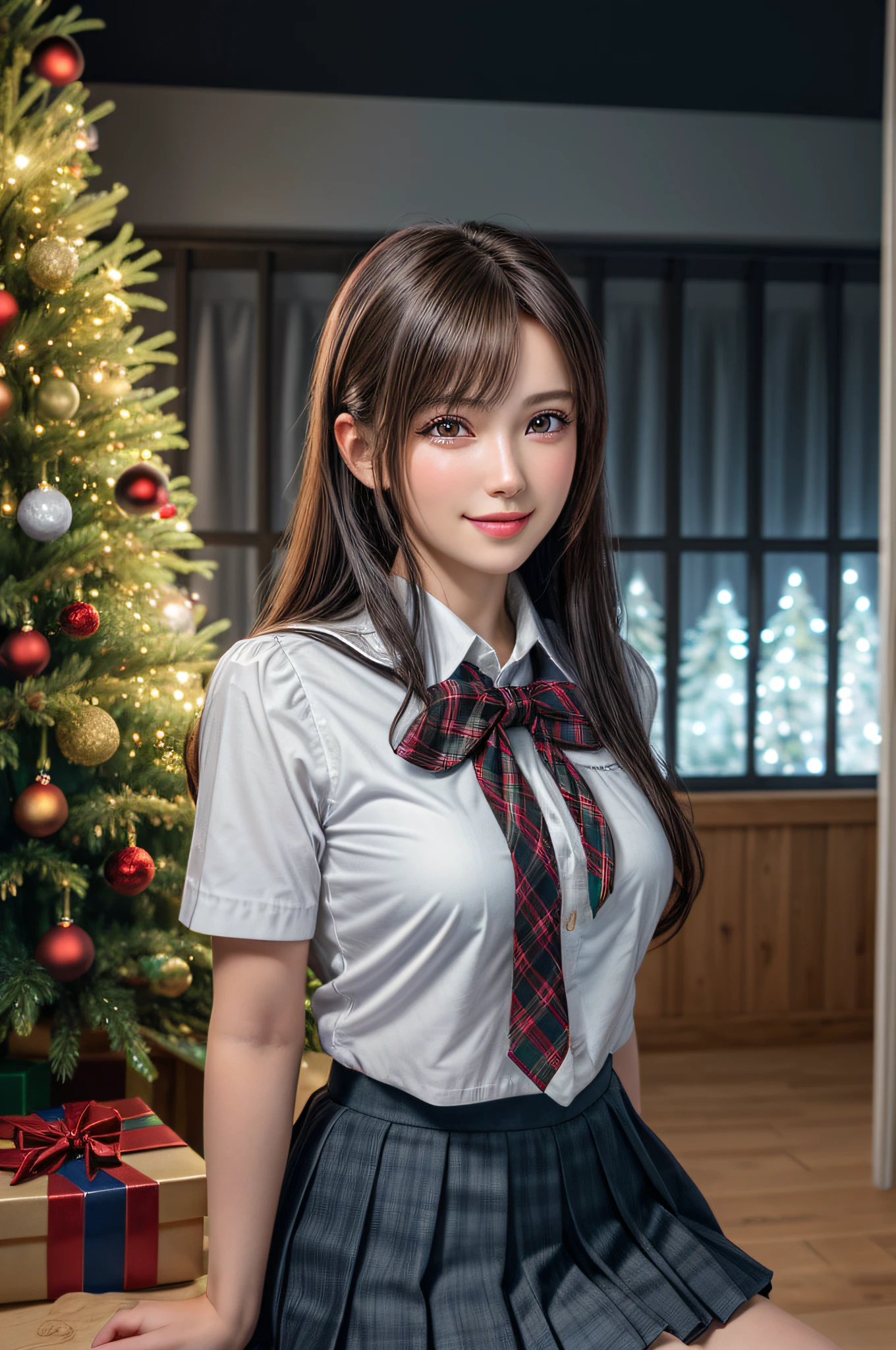 (2girls:1.4), Extremely cute, amazing face and eyes beautiful nice smile), (extremely detailed beautiful face), bright and shiny lips, (School uniform, Pleated skirt:1.3), (Best Quality:1.4), (hyper quality), (Ultra-detailed), (Hyper-realistic, Photorealsitic:1.37), Authentic skin texture, intricate-detail, extremely detailed CG unified 8k wallpaper, RAW Photos, professional photograpy, Cinematic lighting, Exposing, Christmas tree, Christmas Ornaments, Christmas Decorations, Christmas Lights, Christmas Lights,