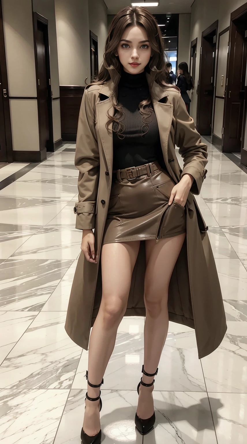 a 25yo woman、ash brown、eye color is brown、Medium hair、hair is wavy、wearing eye shadow and lipstick、accessories on wrist、Slender but well-proportioned muscular body、Wearing a long coat over a high-neck zipper-up top、She is wearing a tight skirt with a deep slit.、hands in the pockets of a long coat、I'm wearing high heels、a smile、on the marble floor