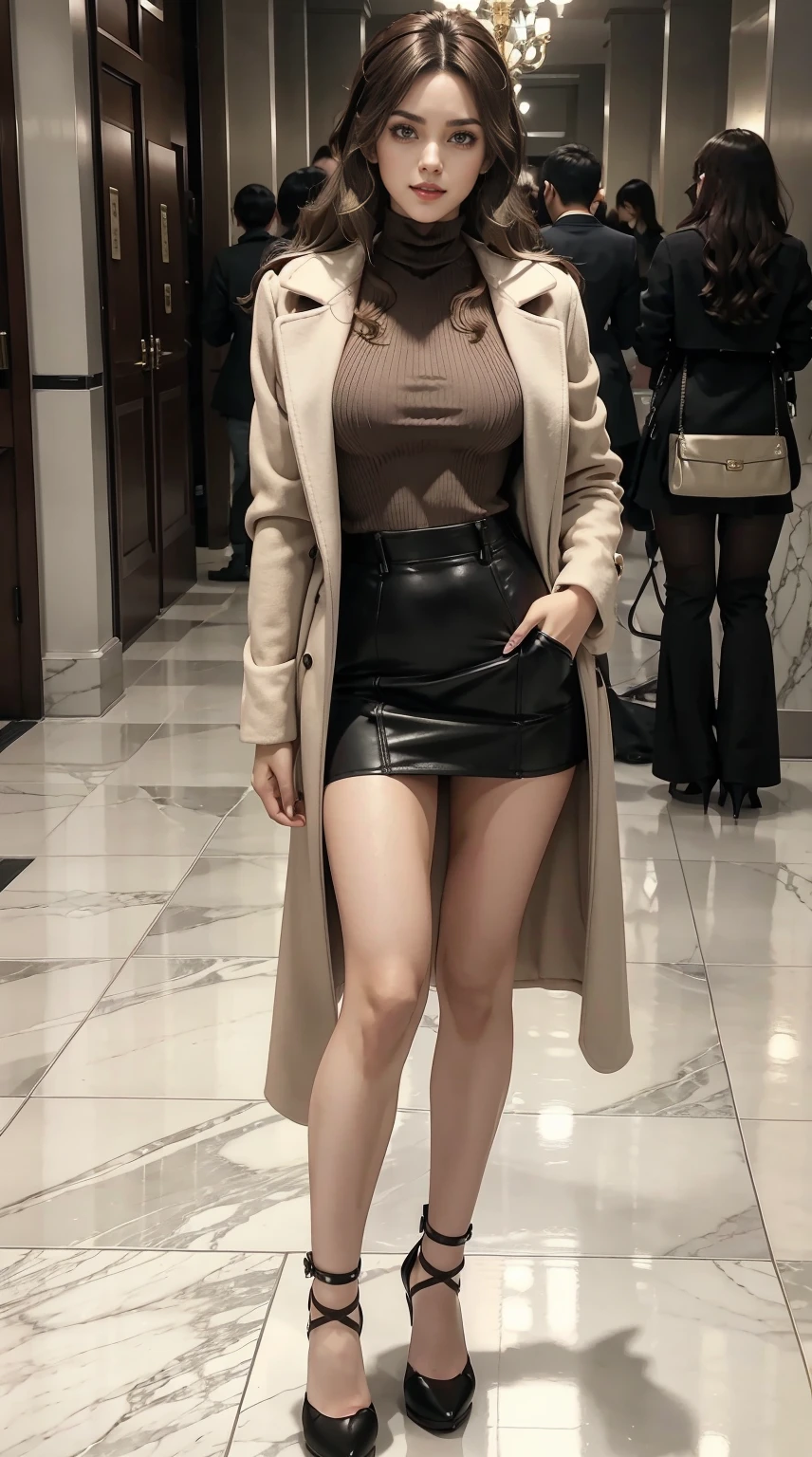 a 25yo woman、ash brown、eye color is brown、Medium hair、hair is wavy、wearing eye shadow and lipstick、accessories on wrist、Slender but well-proportioned muscular body、Wearing a long coat over a high-neck zipper-up top、She is wearing a tight skirt with a deep slit.、hands in the pockets of a long coat、I'm wearing high heels、a smile、on the marble floor