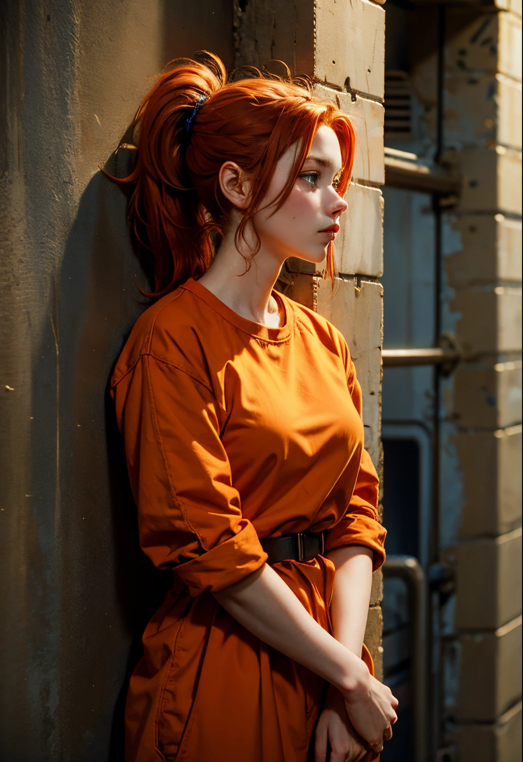 beautiful red hair, blue eyes, orange clothes, ponytail, American, 19 years old, Gorgeous woman, prisoner, standing, leaning against wall