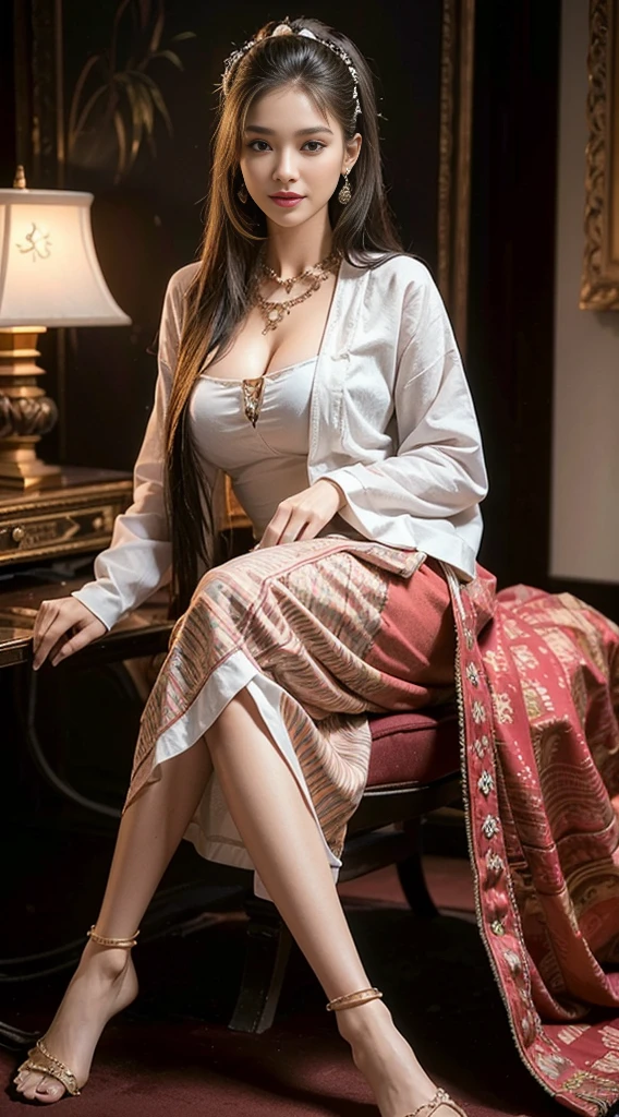 (Realistic:1.3), insane details, quality, (master-piece:1.2), (photorealistic portrait:1.2), (bestquality), (Detailed skin:1.3), (intricate detailed), ray tracing, ((Full body)), ((1woman)), (((1man))), 18-20 years old, ((long-haired)), smile, Red Dresses, patterned skirt, Contrast color between dress and skirt, skirt pattern, earrings, necklace, Javanese jewelry, (blurred background), Eyes on camera, breast cleavage, huge breast,, Beautiful breast, Big breast augmentation, elongated legs