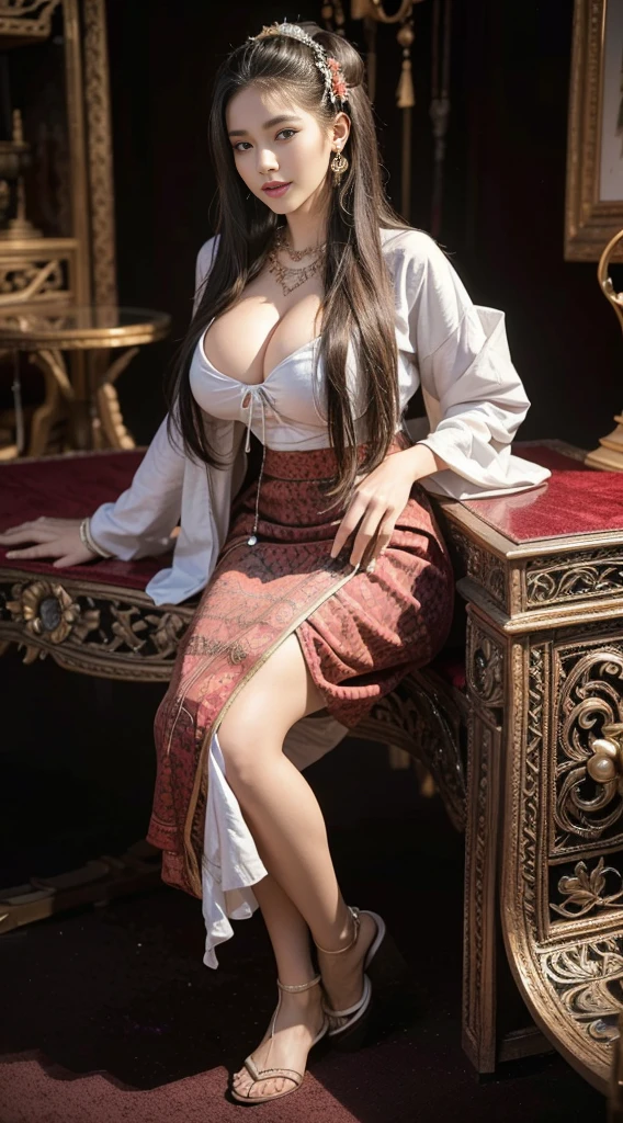 (Realistic:1.3), insane details, quality, (master-piece:1.2), (photorealistic portrait:1.2), (bestquality), (Detailed skin:1.3), (intricate detailed), ray tracing, ((Full body)), ((1woman)), (((1man))), 18-20 years old, ((long-haired)), smile, Red Dresses, patterned skirt, Contrast color between dress and skirt, skirt pattern, earrings, necklace, Javanese jewelry, (blurred background), Eyes on camera, breast cleavage, huge breast,, Beautiful breast, Big breast augmentation, elongated legs