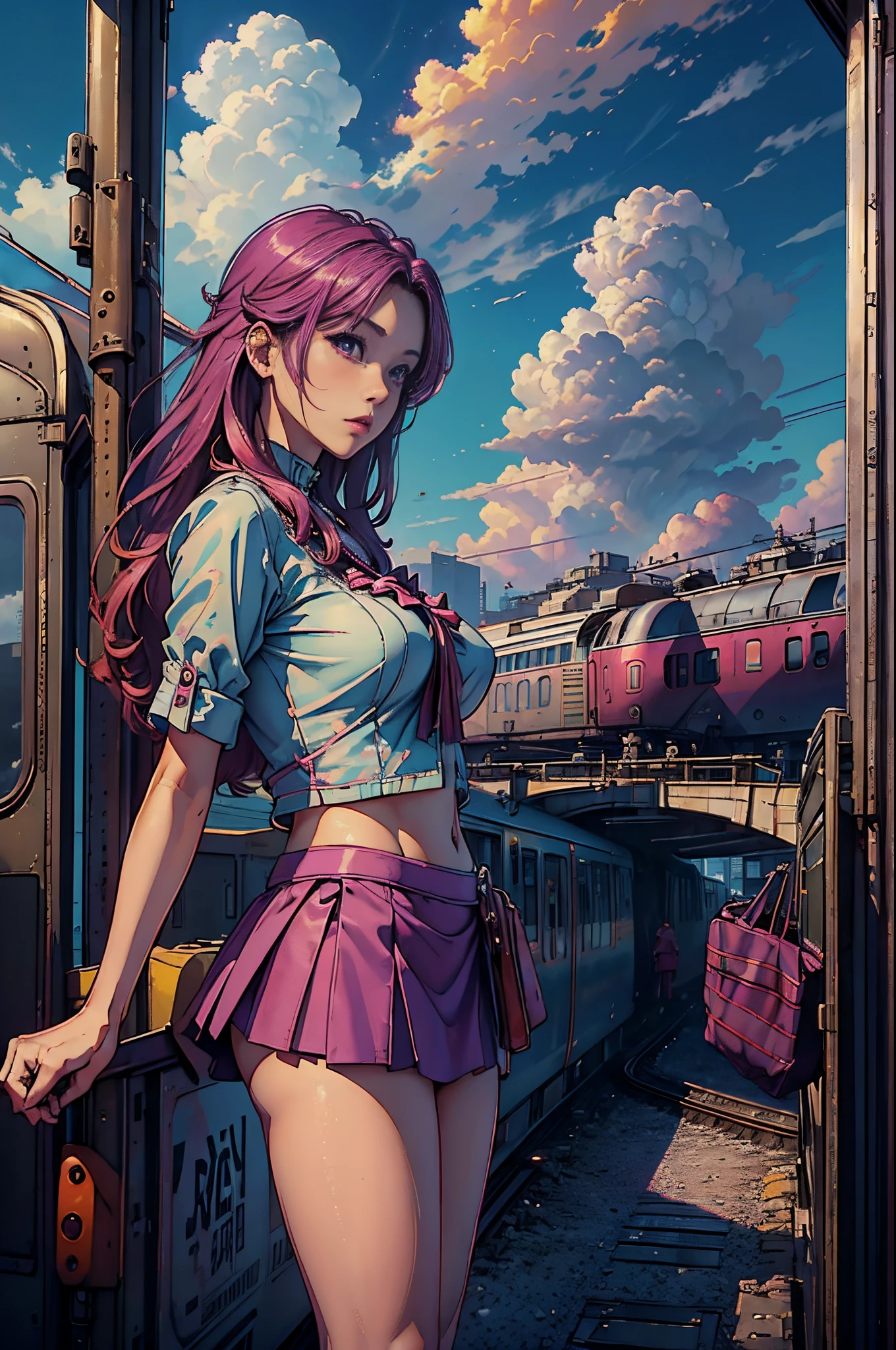 magenta tint、Vibrant colors、((tmasterpiece)))、(((quality)))、((ultra - detailed))、(Surreal)、(Very detailed CG illustration)、offcial art、CD cover、It will be、midsummer、The glorious 1980s、1个Giant Breast Girl,ssmile、Detailed face,cochetti gorgeous、incomparable beauty、Hair color、Rock music、jaqueta de couro、Superskirt、perfect angle、Perfectcomposition、(twilight,Train station,trains,Cloud),